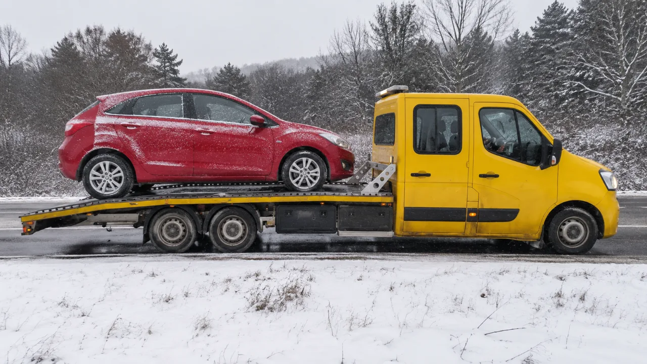 Holowanie czerwonego auta na lawecie zimą – Otwock