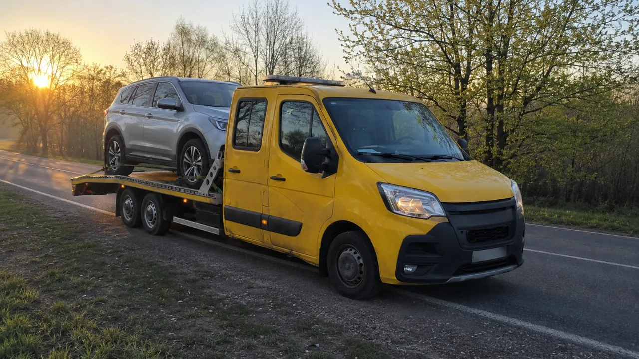 Laweta z SUV-em na platformie o wschodzie słońca – Otwock 24h