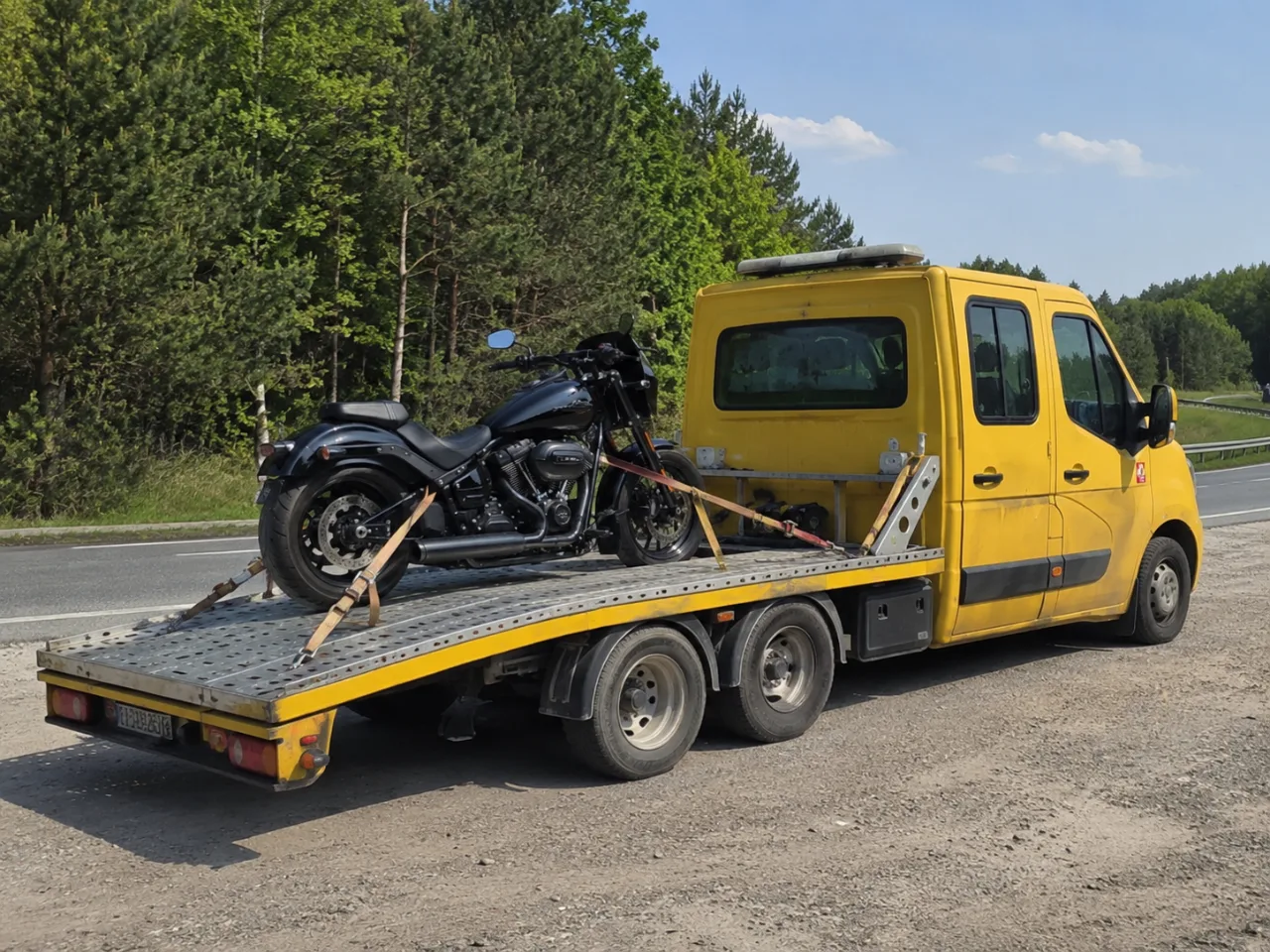 Transport motocykla na lawecie latem – Otwock
